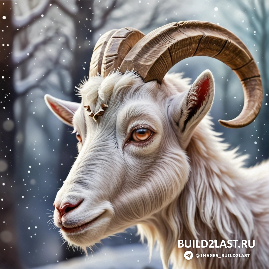 коза с длинными рогами, стоящая на снегу на фоне деревьев и падающего на землю снега