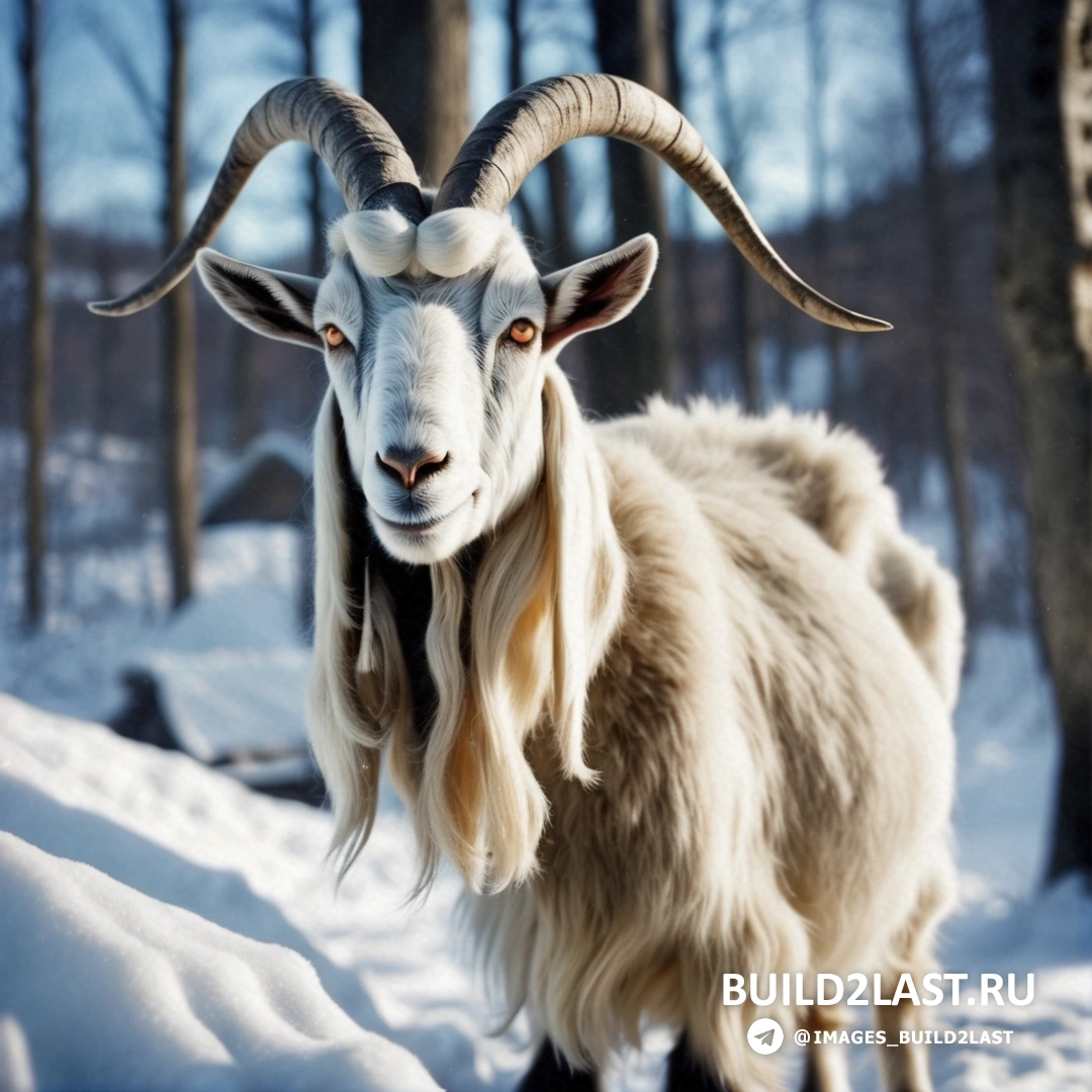 козел с длинными рогами, стоящий в снегу в лесу с деревьями и заснеженной землей