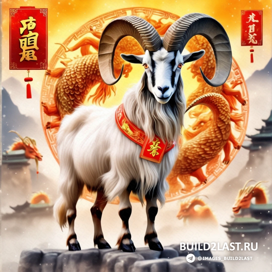 козел с красным ошейником, стоящий на камне перед драконом и символом дракона на китайском фоне