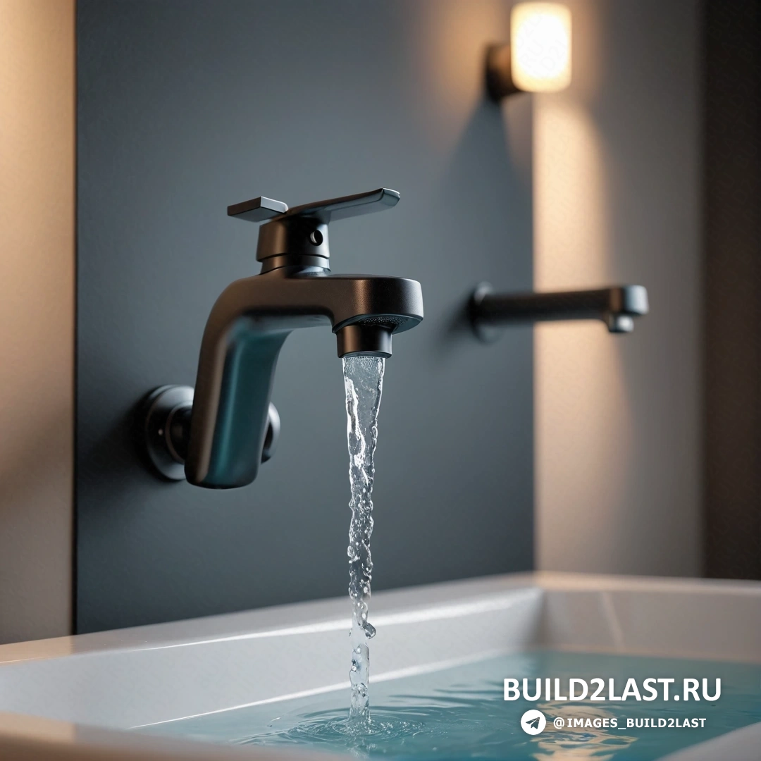 Фотореализм - 3D-рендер. Кран с текущей водой и свет на стене над ним в ванной
