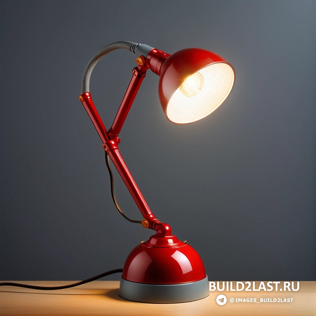 Фотореализм - 3D рендер. Красная лампа на деревянном столе на сером фоне.
