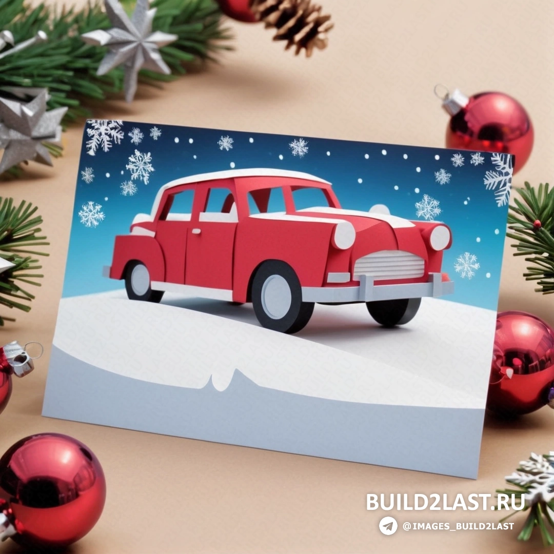 красная машина припаркована в снегу, рождественские украшения и сосна