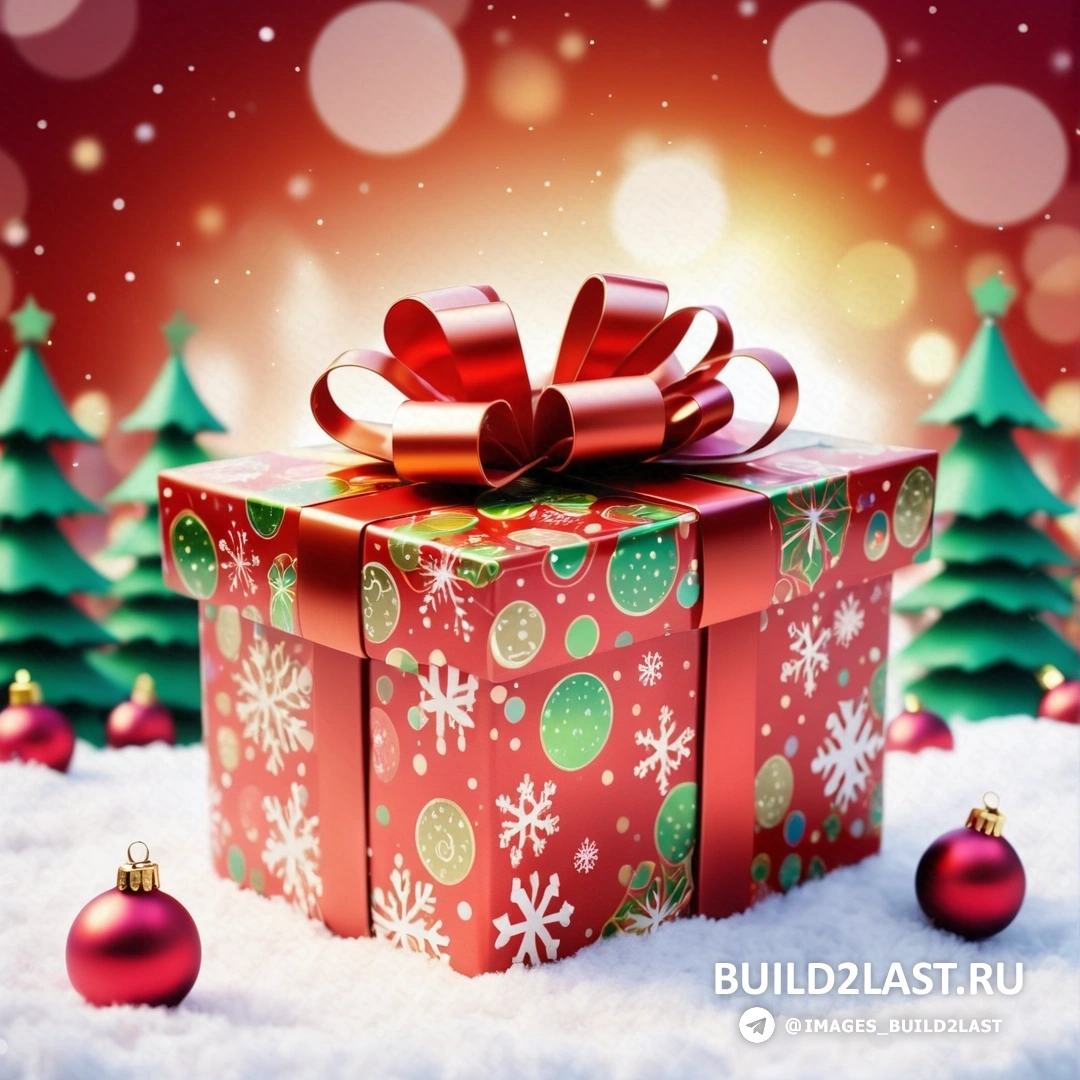 красная подарочная коробка с красным бантом и красной лентой на снегу на фоне рождественских елок