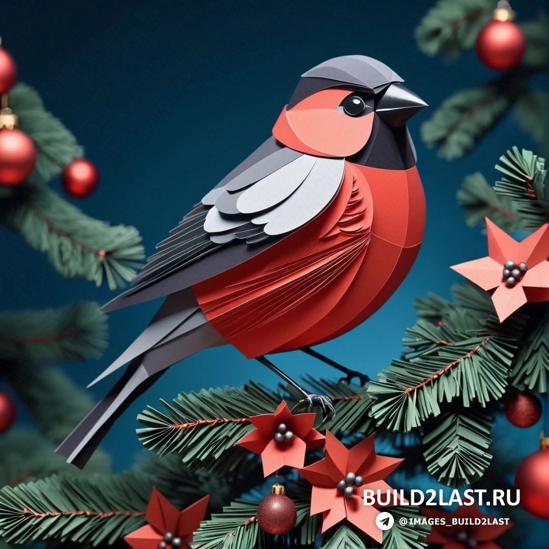 красная птица, на вершине ветки рождественской елки с украшениями и синим фоном позади нее