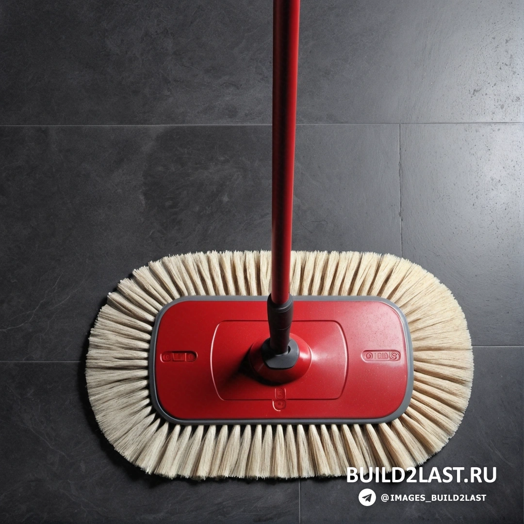 Постминимализм - сверхтонкая детальная живопись. Красная швабра для пыли на черном кафельном полу с красной ручкой и красным совком сверху.