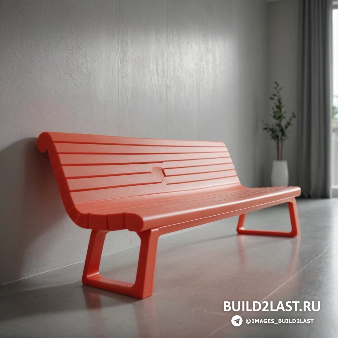 De stijl - 3D рендер. Красная скамейка в комнате рядом с окном с растением в нем и растением в горшке на стене