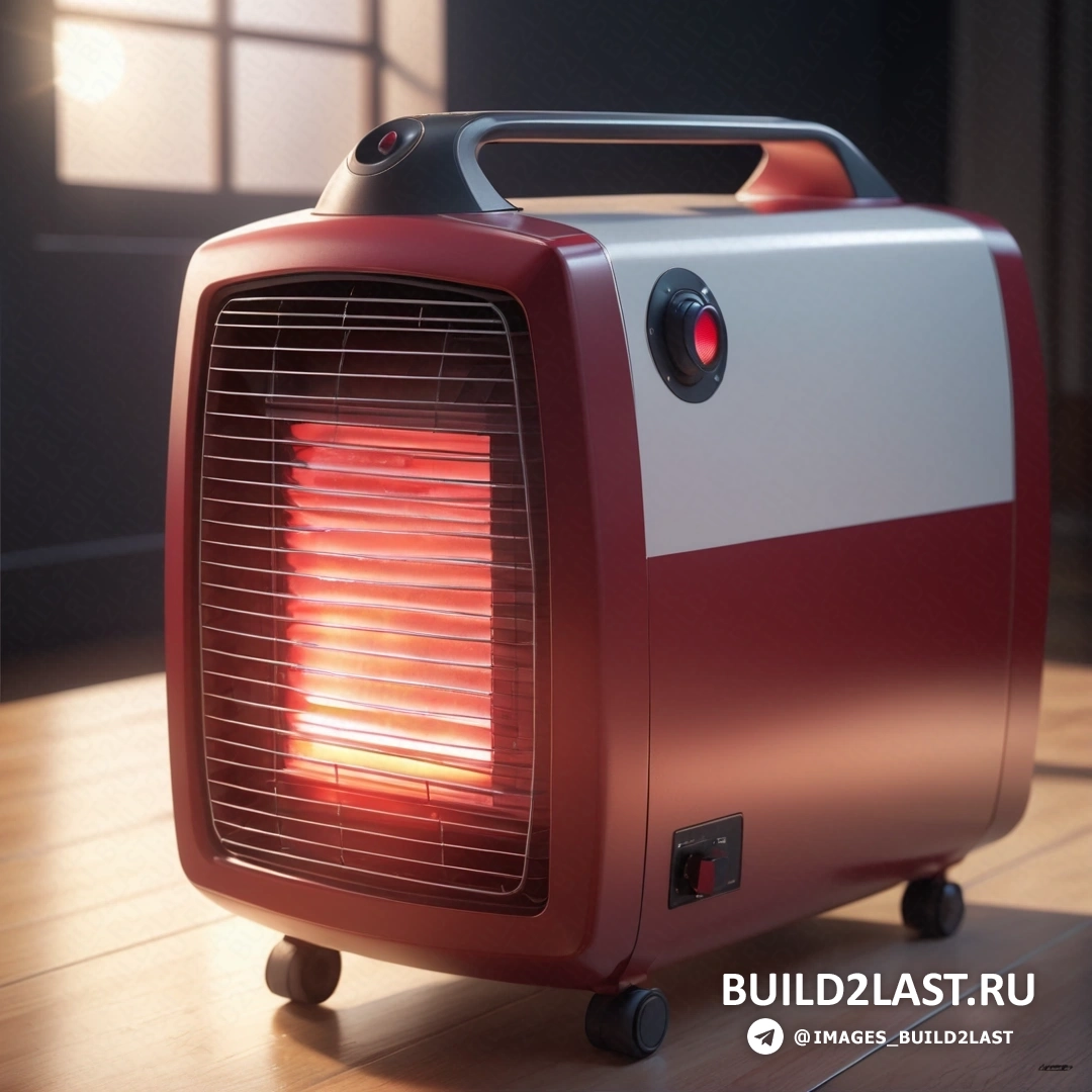 Фотореализм - компьютерная визуализация. Красно-белый обогреватель на деревянном полу рядом с окном со светом