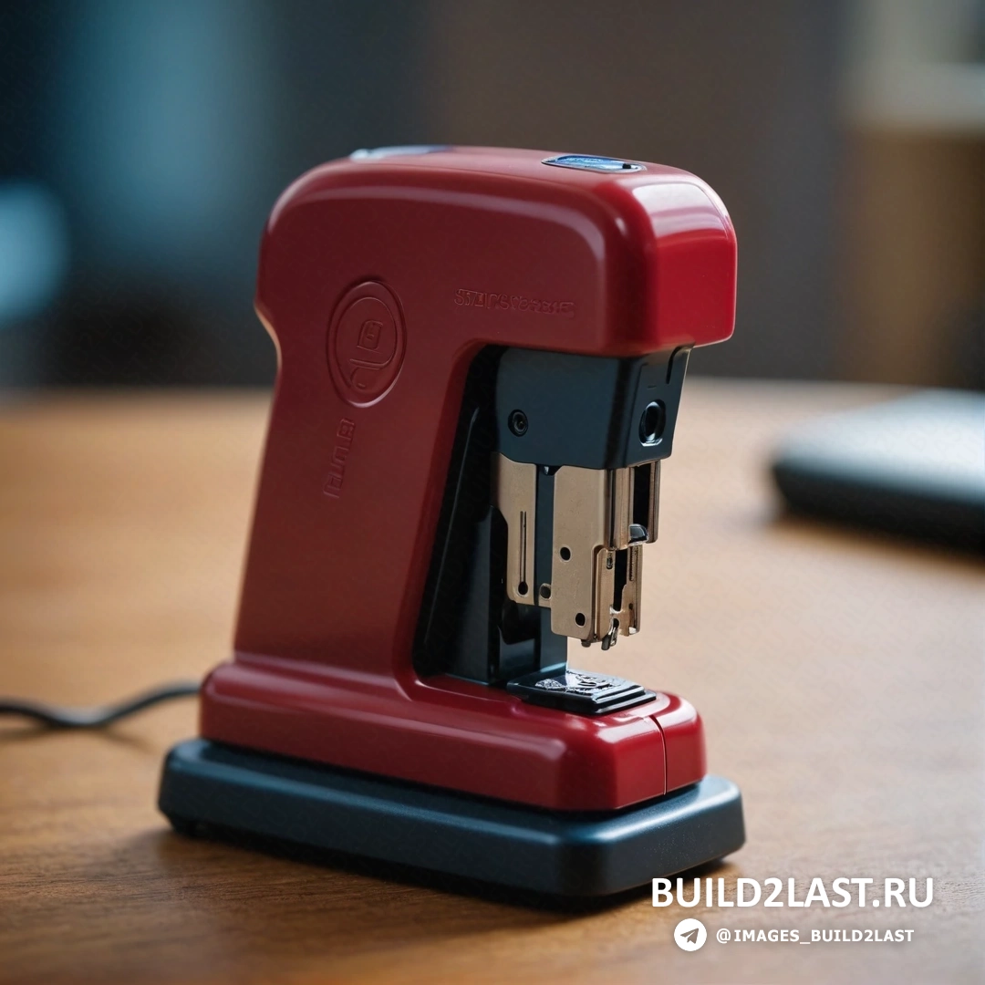 Les automatistes - стоковая фотография. Красно-черный степлер на деревянном столе рядом с пультом дистанционного управления на столе