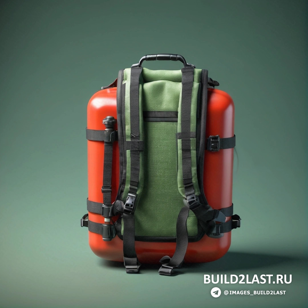 Фотореализм - 3D-рендер. Красно-зелёный рюкзак с ремнями и зелёный рюкзак поверх него