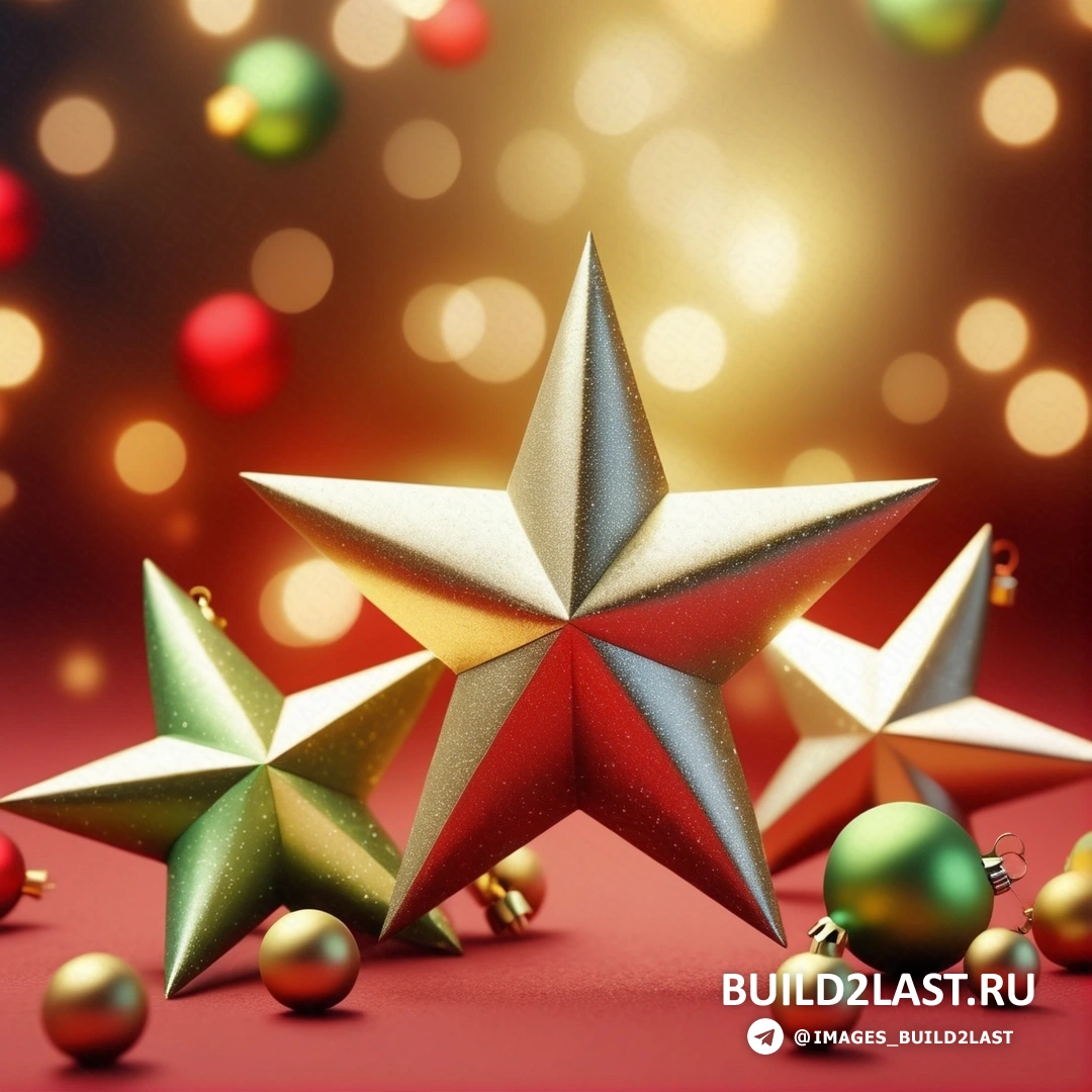 красно-золотая звезда, окруженная рождественскими украшениями и безделушками на красной поверхности с гирляндой огней