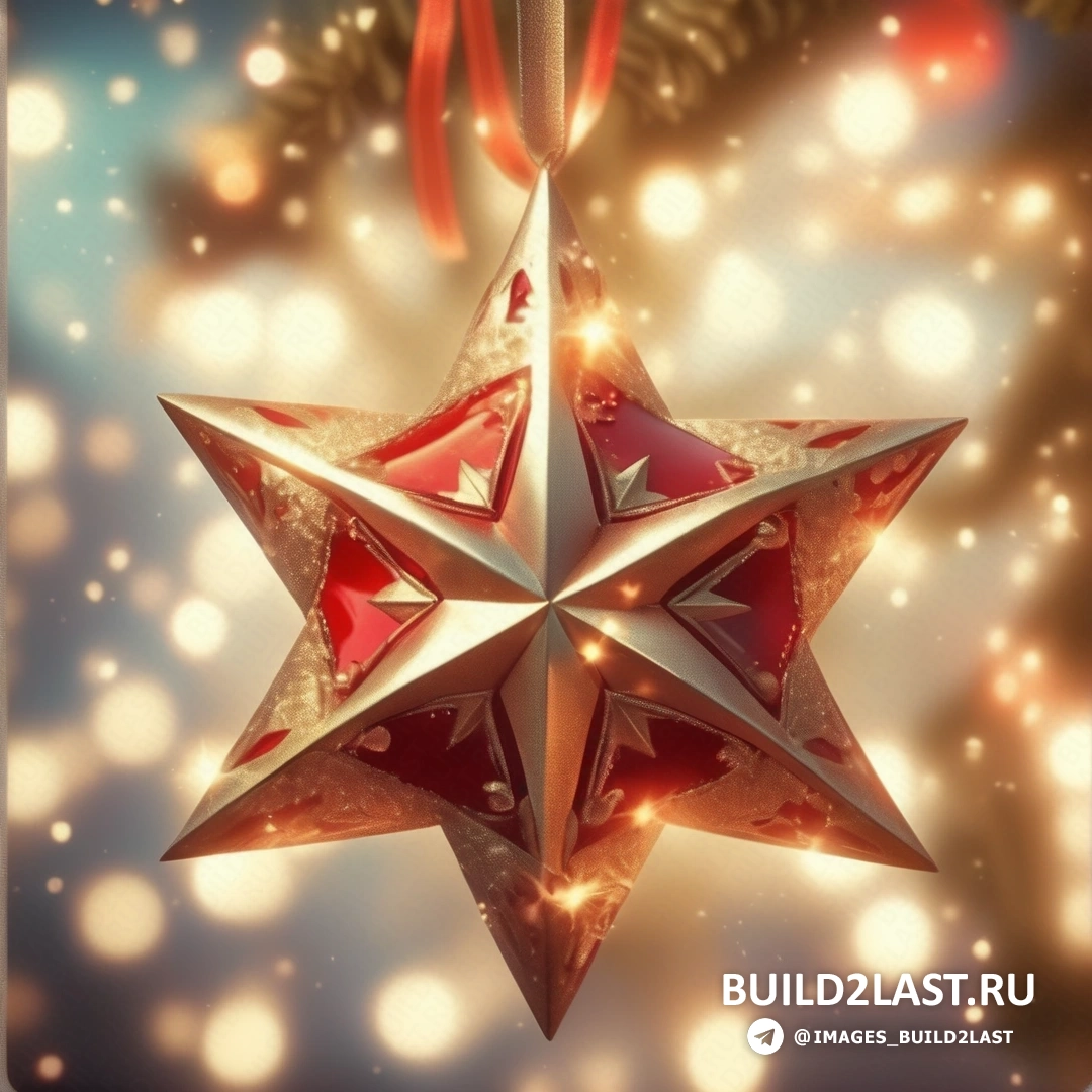 красно-золотая звезда, свисающая с ветки рождественской елки с красной лентой