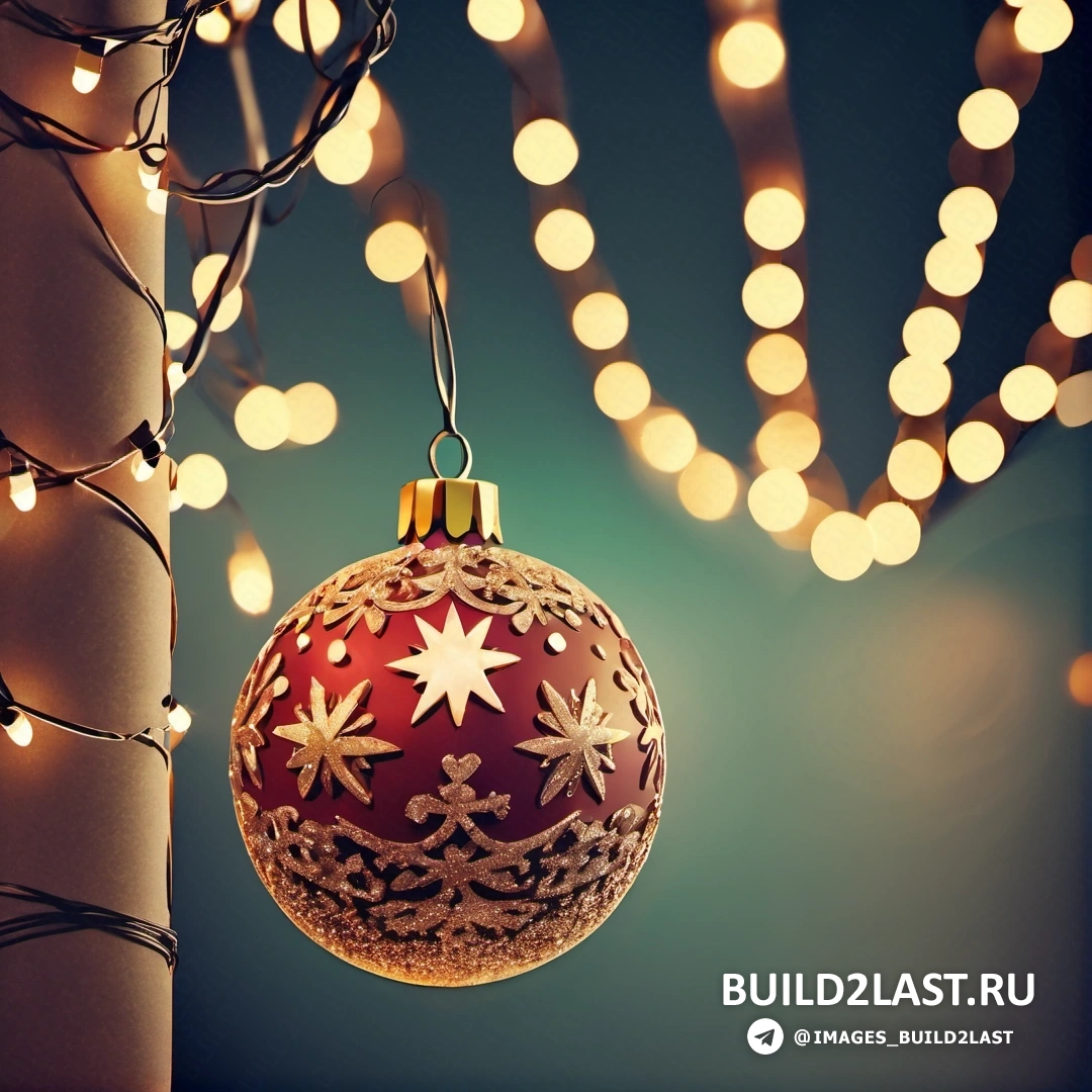 красно-золотое рождественское украшение, свисающее с шеста, с огнями и гирляндой огней