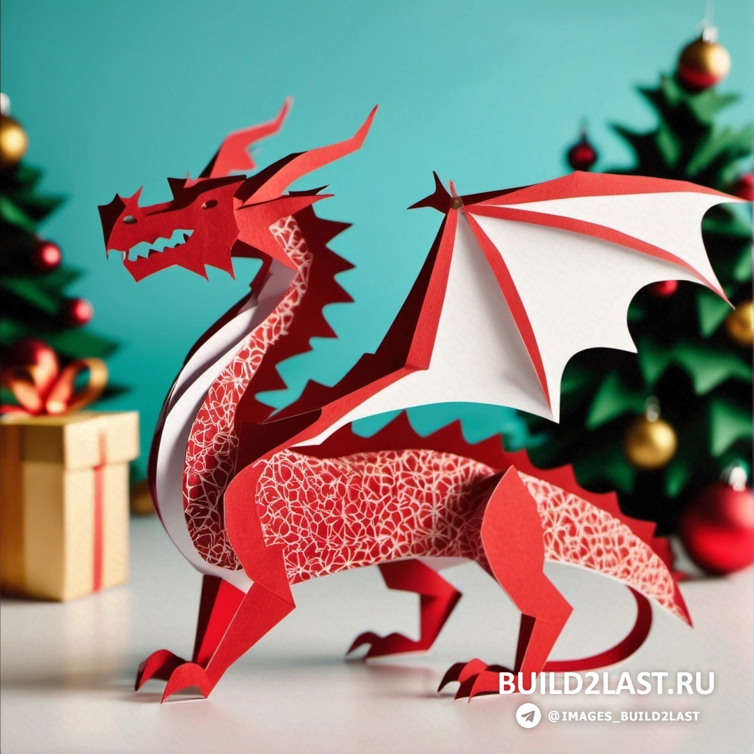 красный бумажный дракон рядом с рождественской елкой и подарки на столе с синим фоном и зеленой стеной