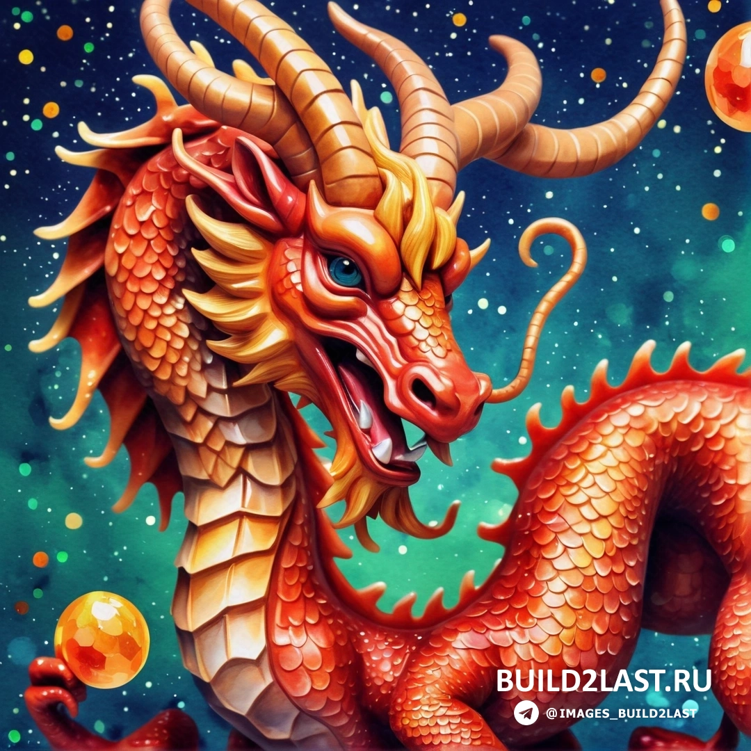 красный дракон с длинными рогами и мячом во рту парит в воздухе на фоне звезд