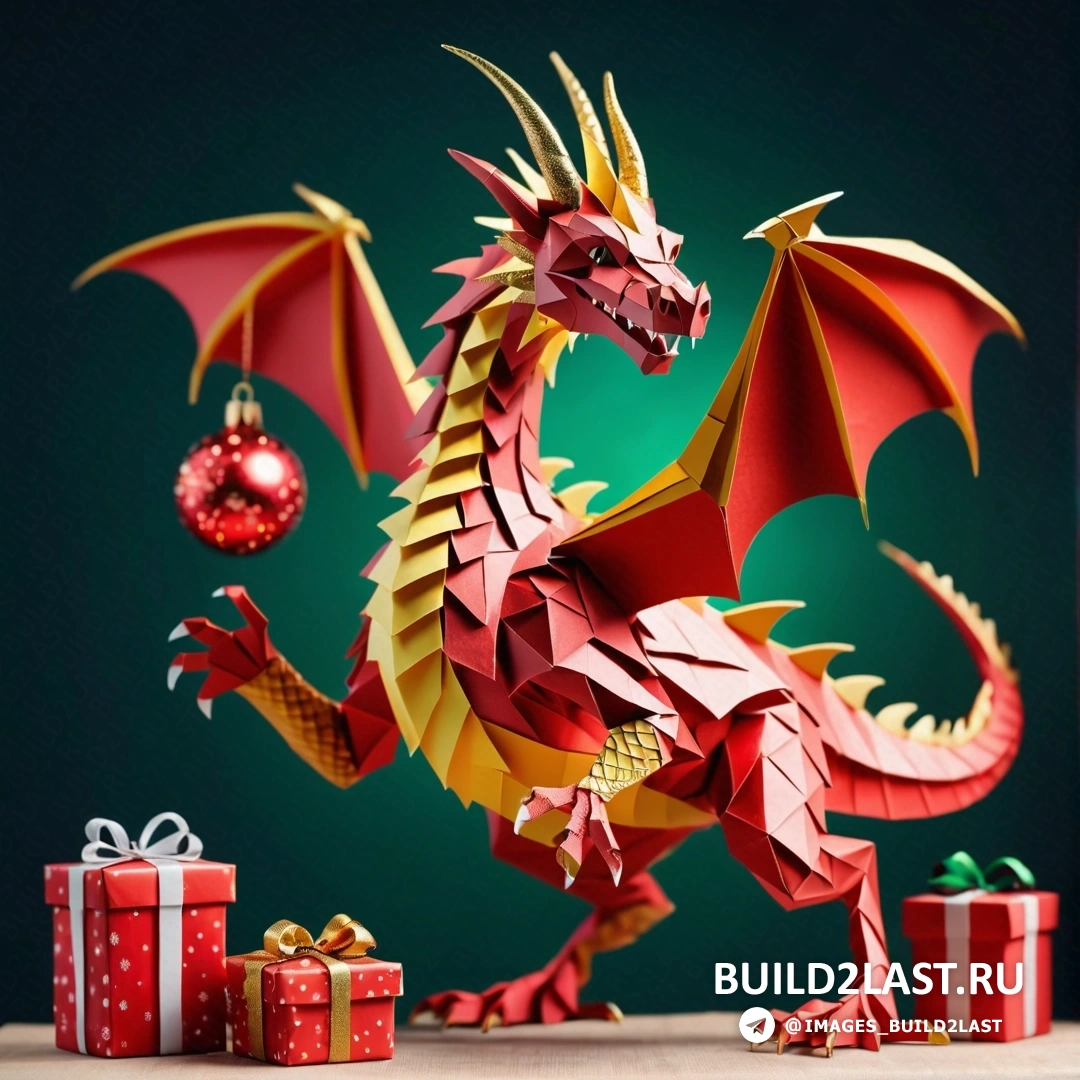 красный дракон с рождественским орнаментом на спине и коробкой с подарками перед ним
