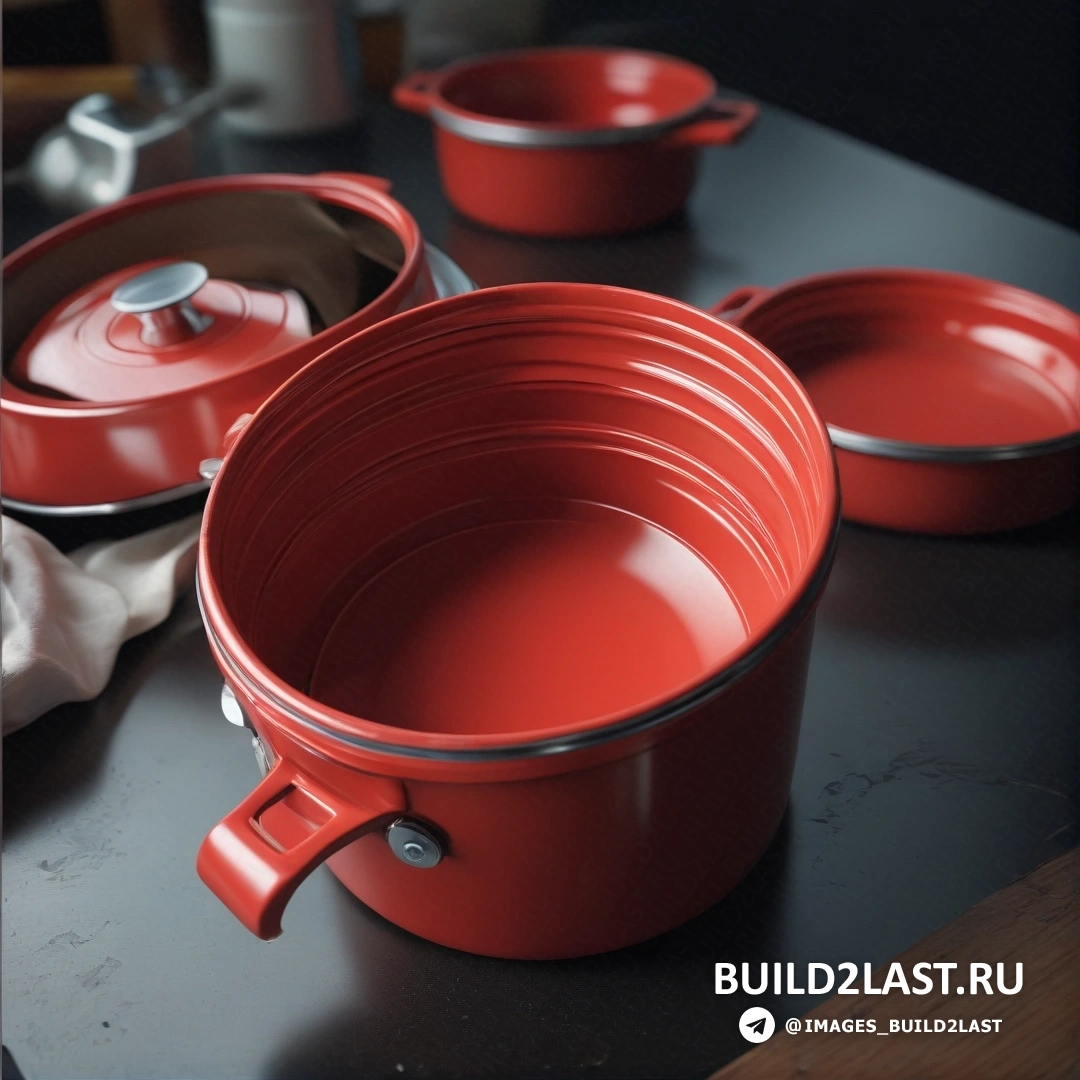 Фотореализм - натюрморт. Красный горшок и два других горшка на столе со скатертью на нем и ложкой посередине