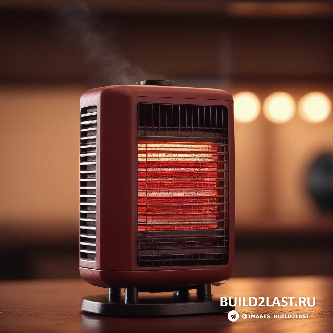 Фотореализм - 3D-рендер. Красный обогреватель на деревянном столе рядом с настенным светильником и окном со светом