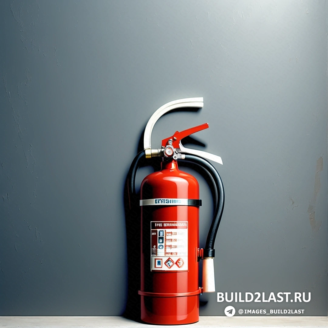 Модульный конструктивизм - стоковое фото. Красный огнетушитель находится на белом столе, а за серой стеной - белый шланг.