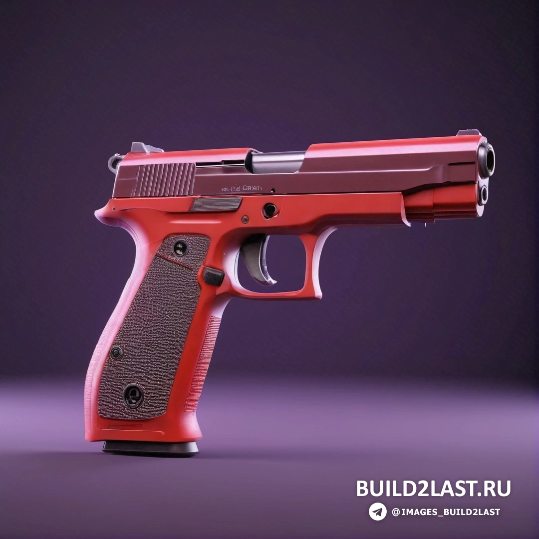 Фотореализм - 3D-рендер. Красный пистолет с черной рукояткой на фиолетовом фоне
