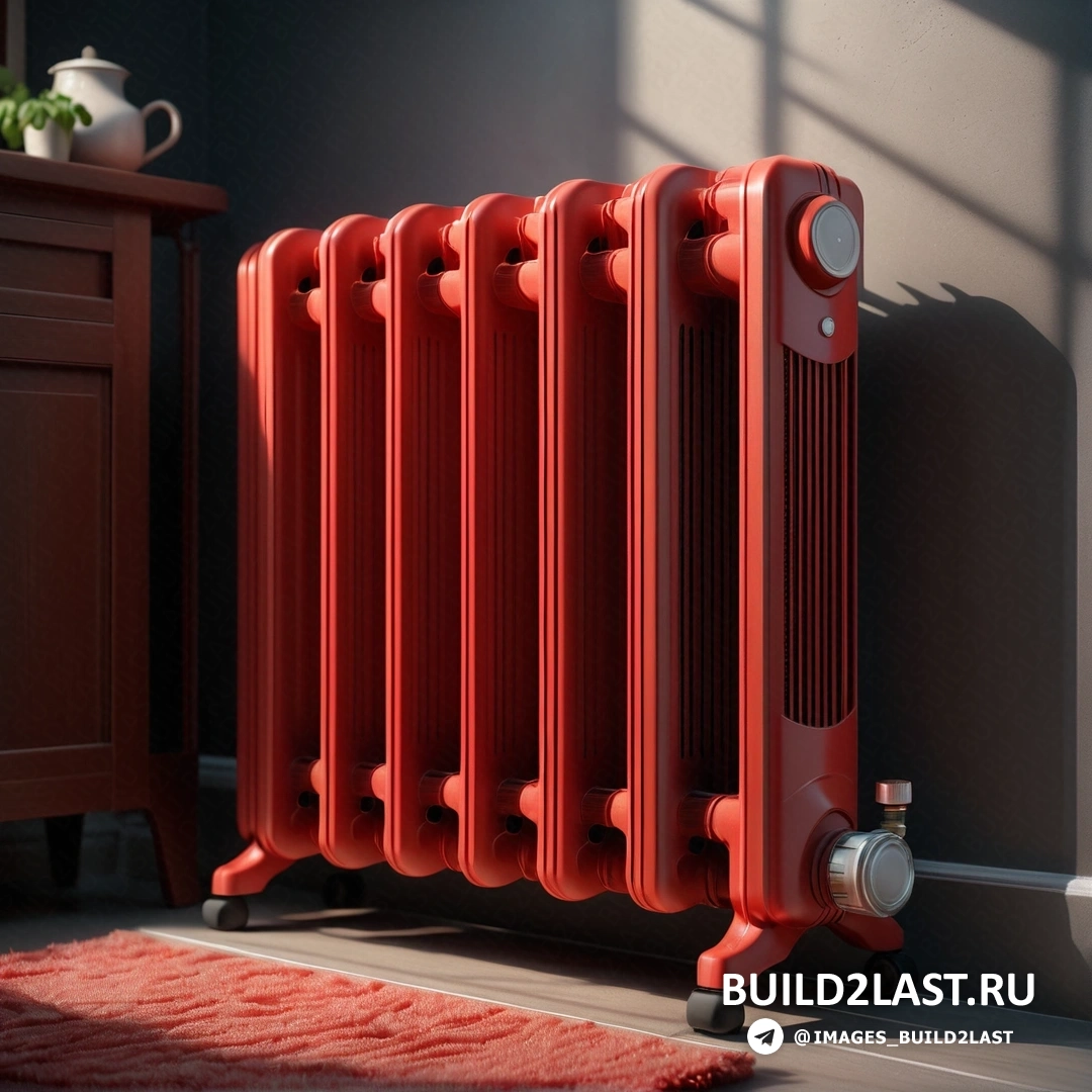 Фотореализм - 3D рендер. Красный радиатор в комнате с ковриком на полу и столом с вазой.