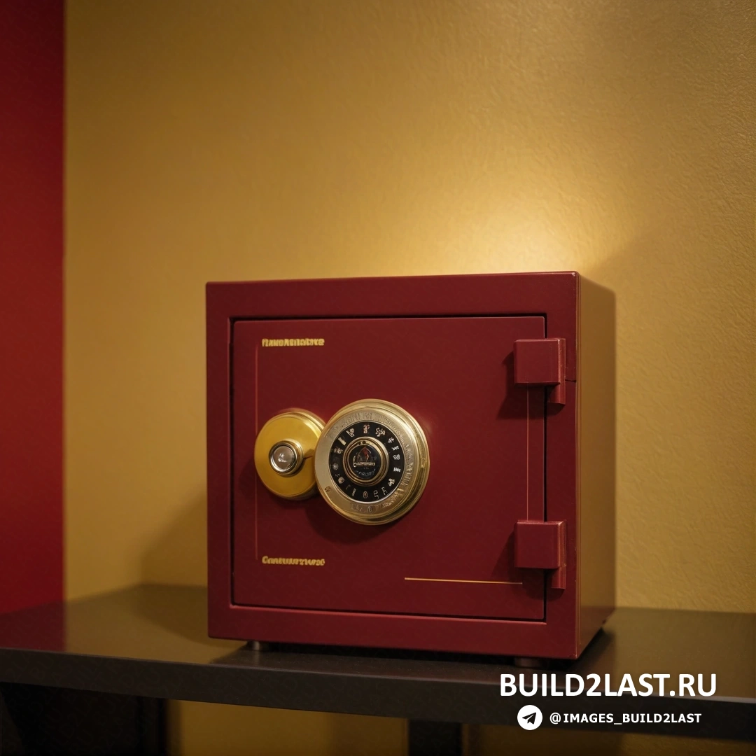 Частная пресса - 3D-рендеринг. Красный сейф на деревянном столе рядом со стеной со светильником на нем и часами на передней стороне двери