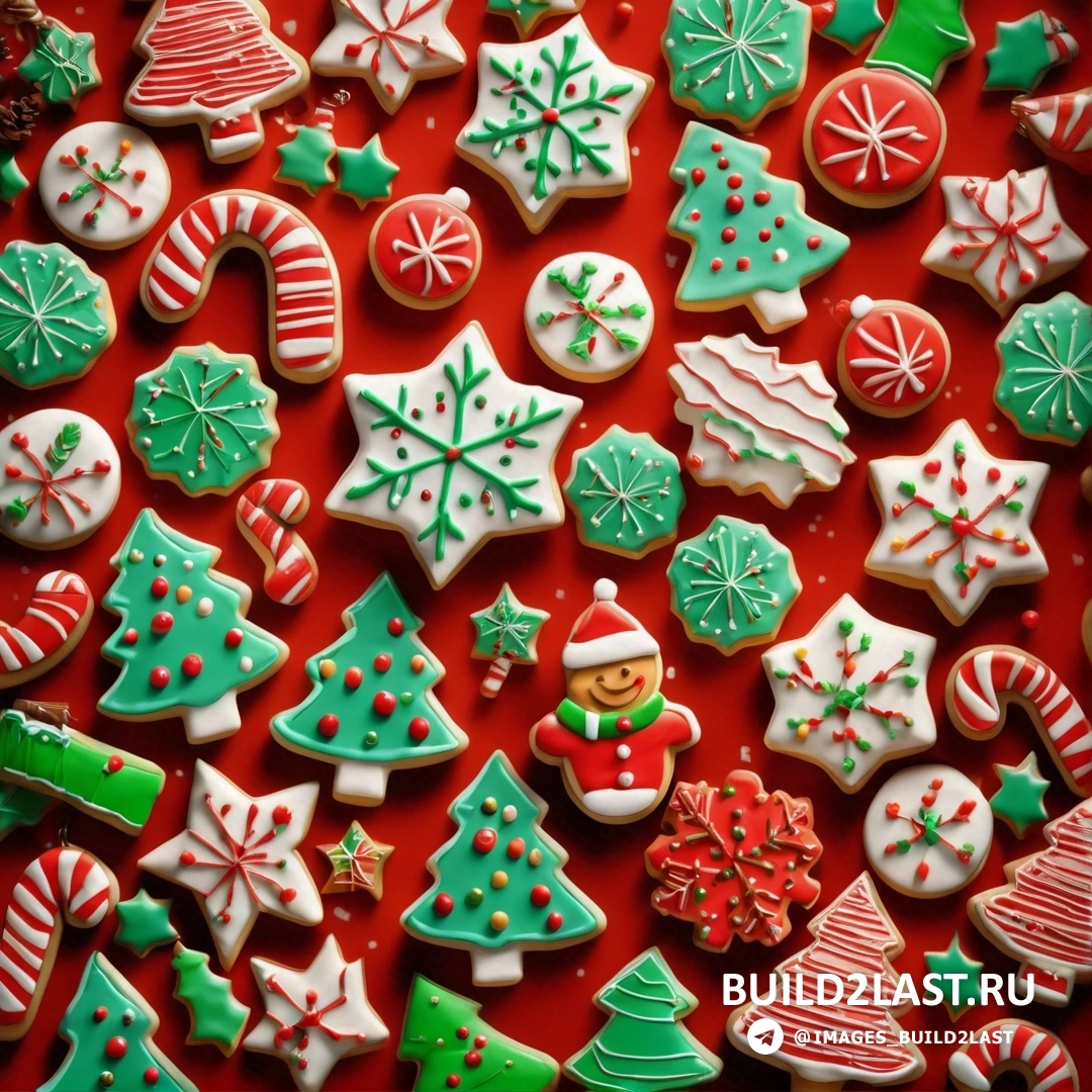 красный стол, увенчанный множеством украшенного печенья и печеньем друг на друге, и рождественская елка