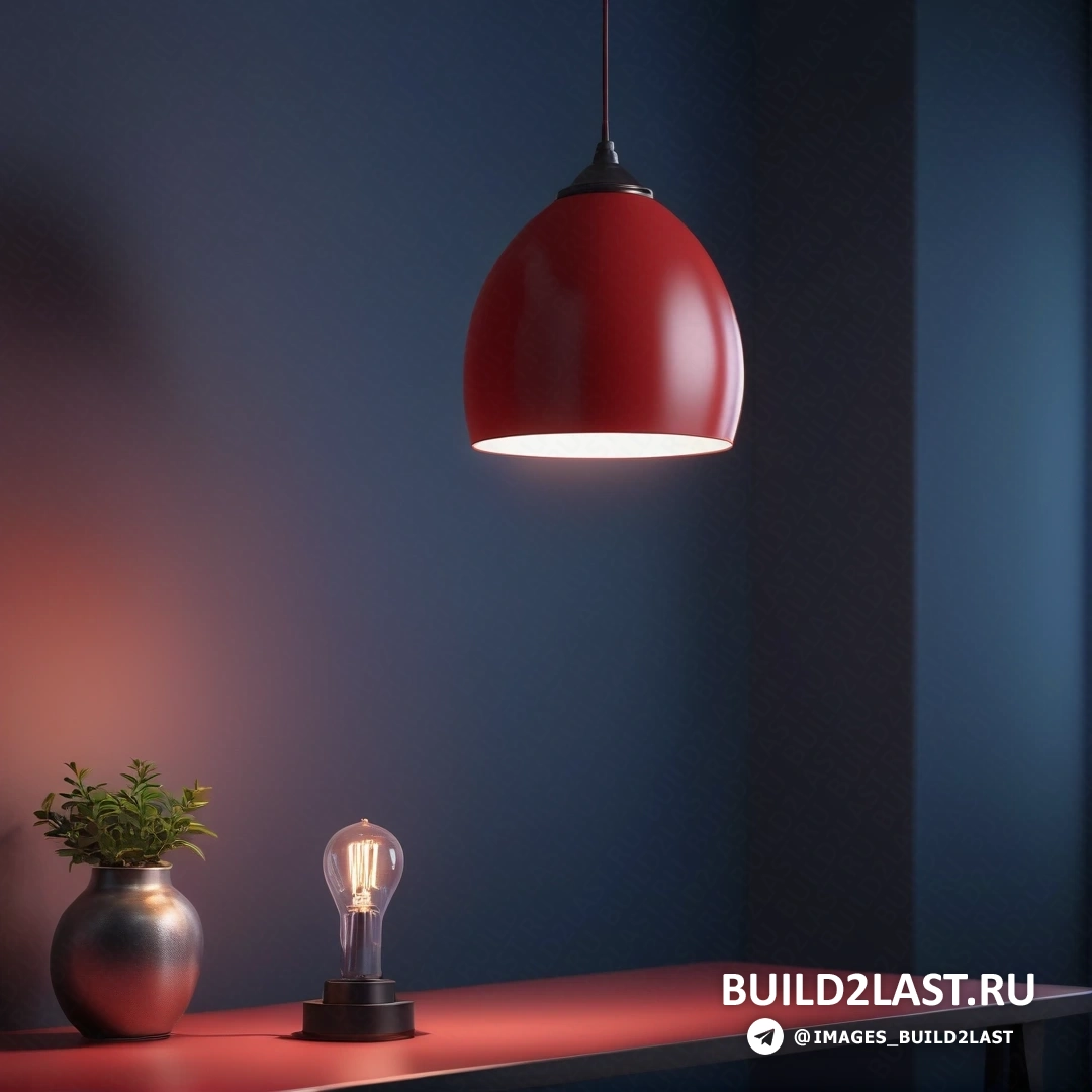 Фотореализм - 3D-рендер. Красный светильник, висящий над столом рядом с вазой с растением и лампочкой сверху