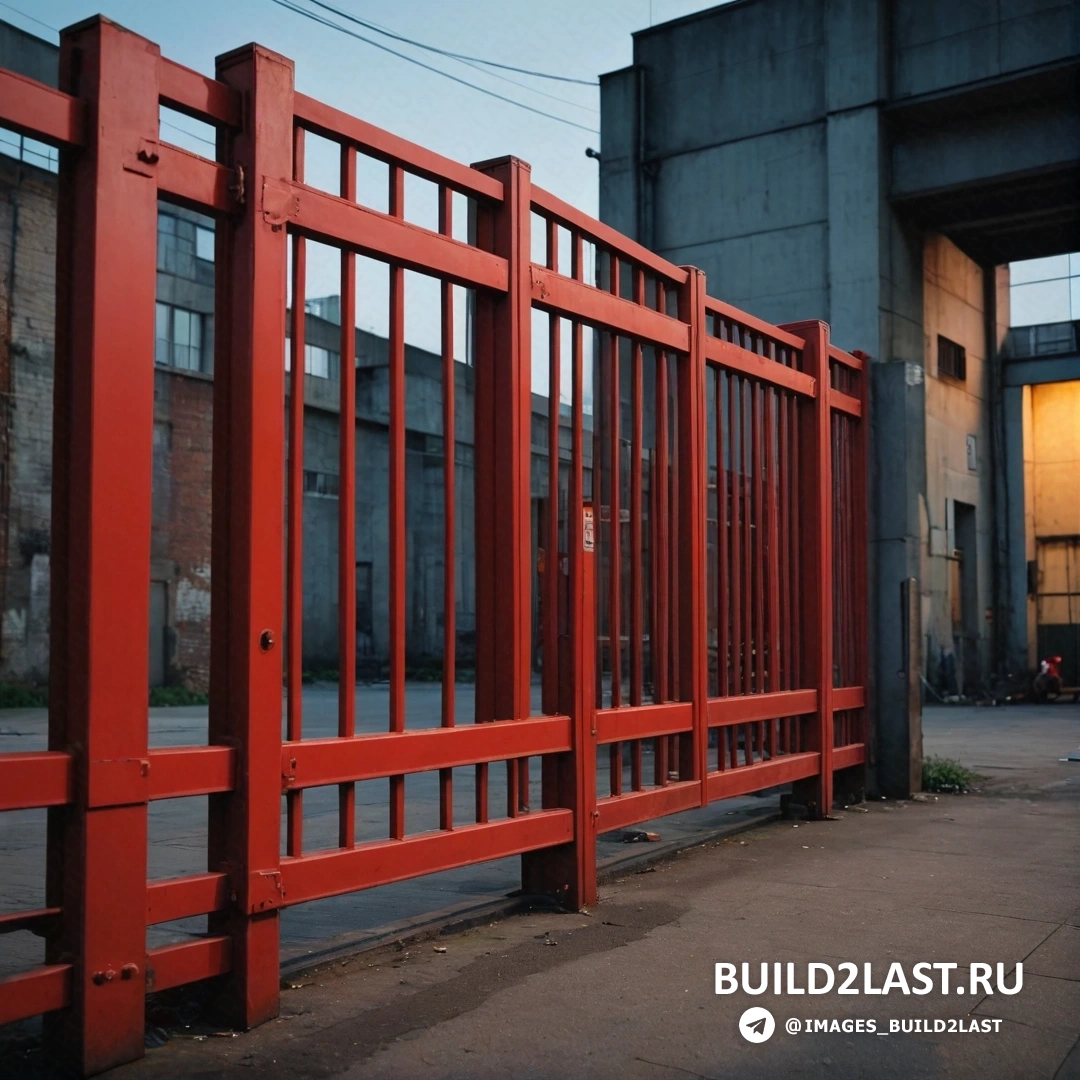 Модульный конструктивизм - детальная матовая живопись. Красный забор рядом со зданием и улицей