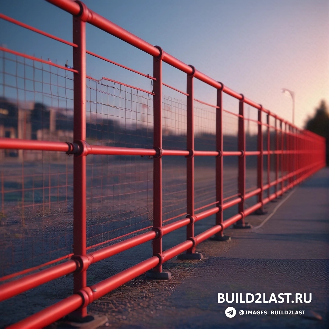 Конструктивизм - фотография со сдвигом и наклоном. Красный забор стоит рядом с дорогой, а уличный фонарь вдалеке - это здание