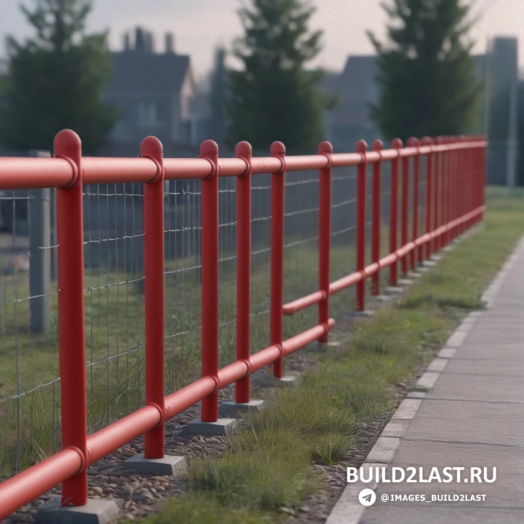 De stijl - сверхтонкая детальная живопись. Красный забор стоит рядом с тротуаром и газоном с тротуаром и деревьями на заднем плане