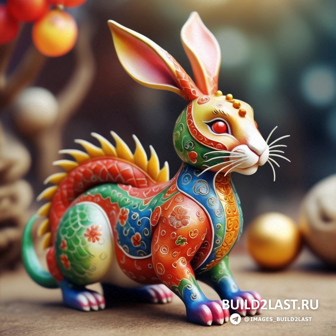 красочная фигурка кролика, на столе рядом с какими-то украшениями и веткой дерева с красными ягодами