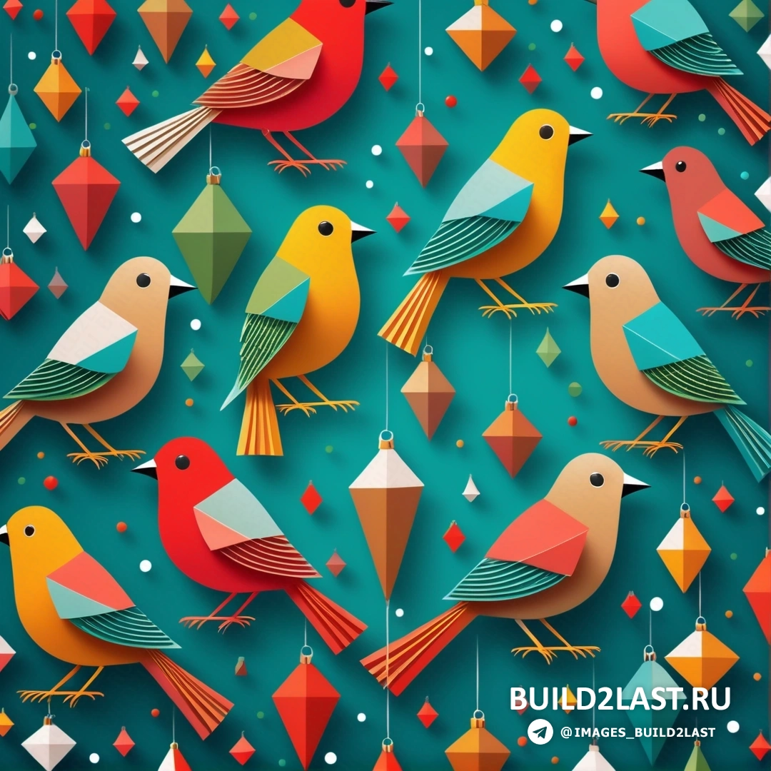 красочная рождественская открытка с птицами и орнаментами на зеленом фоне