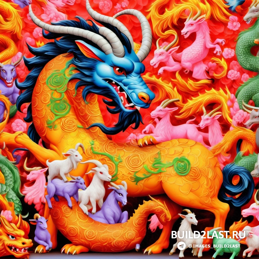 красочная скульптура дракона на красном фоне