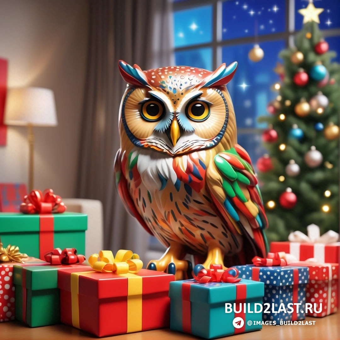 красочная сова на столе рядом с рождественской елкой и подарки