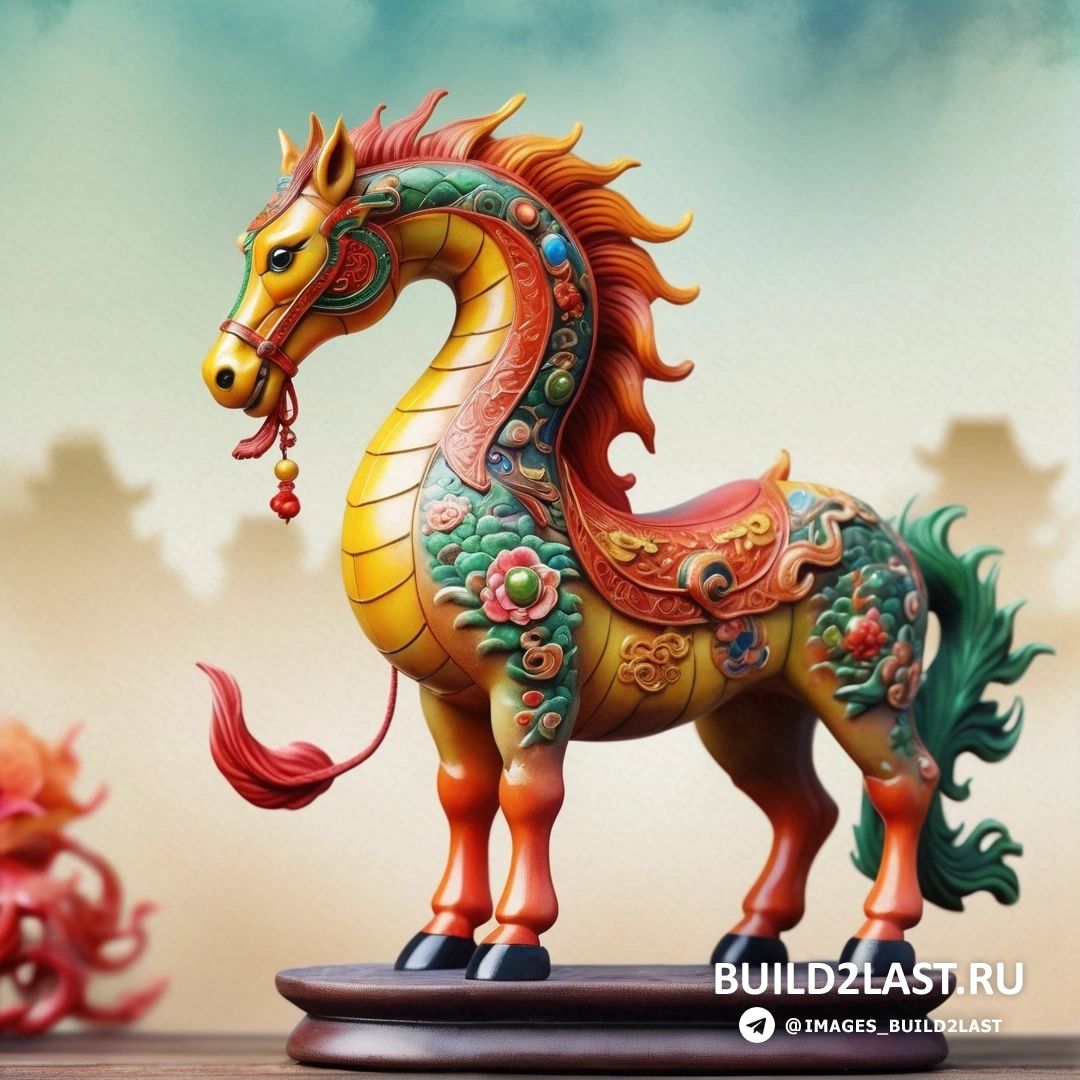 красочная статуя лошади на деревянном столе с фоном неба и статуей красно-зеленого дракона наверху