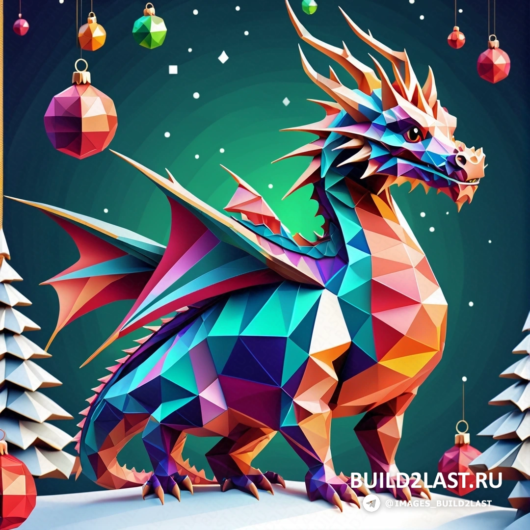 красочный дракон стоит на снегу с орнаментом вокруг него и синим фоном с зеленым небом