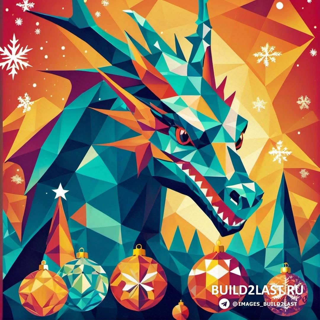 красочный дракон с рождественским украшением во рту и красным фоном со снежинками