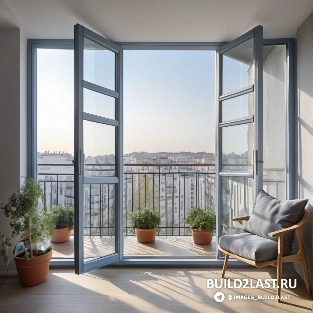 Свет и пространство - 3D рендер. Стул на балконе рядом с окном с видом на город за его пределами