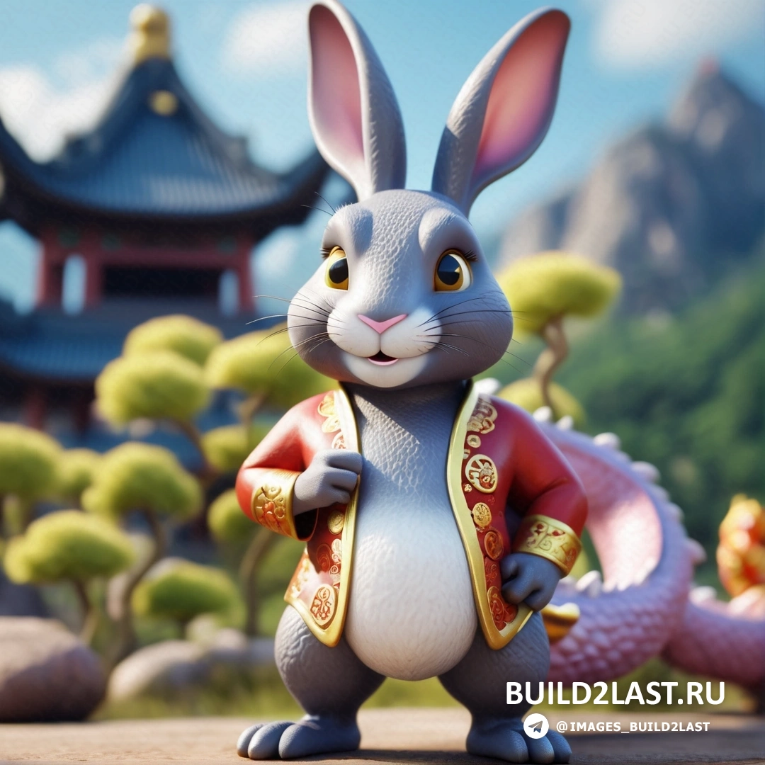 кролик стоит перед драконом и зданием с пагодой и статуей дракона 