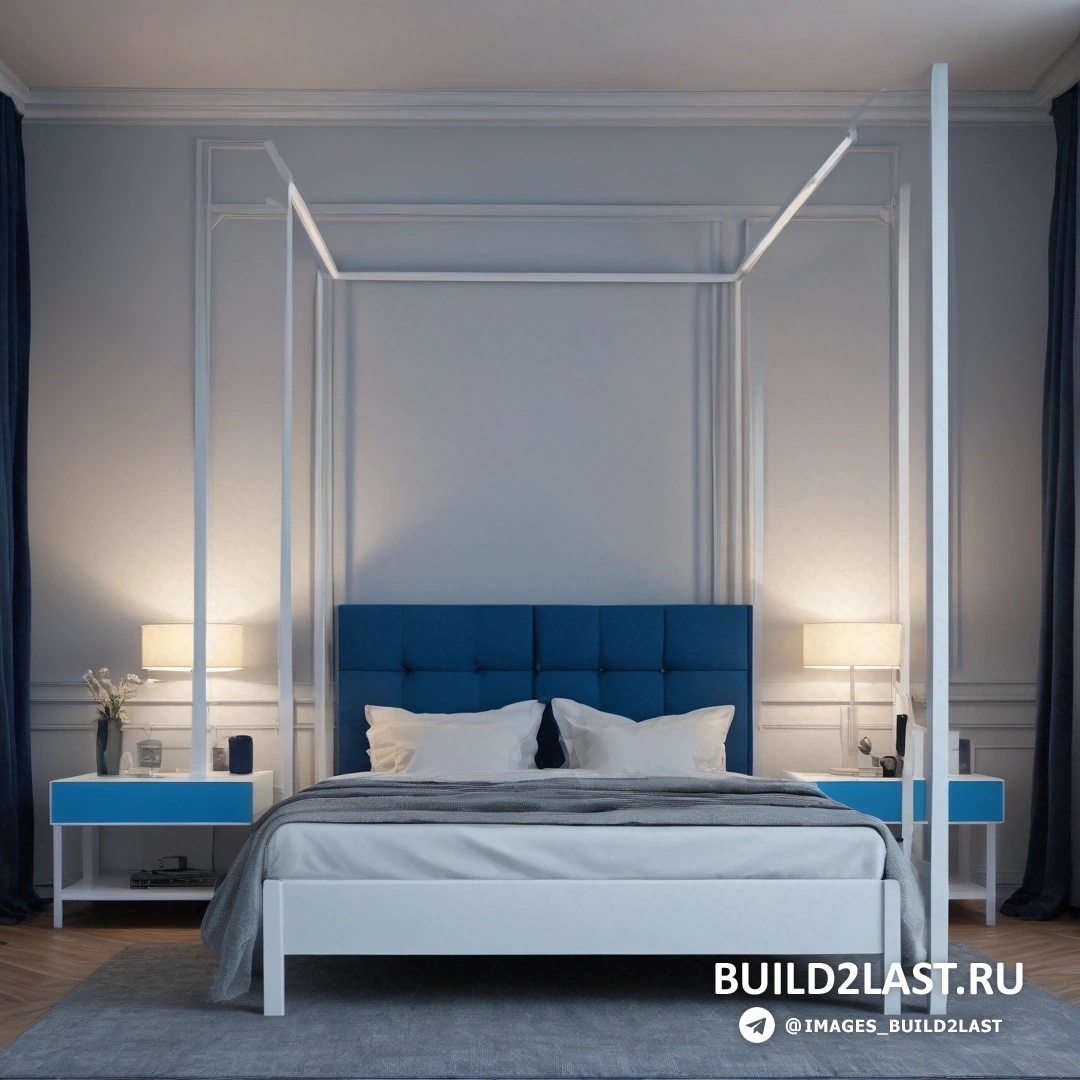 Постминимализм - цифровая визуализация. Кровать с балдахином и двумя лампами по обеим сторонам