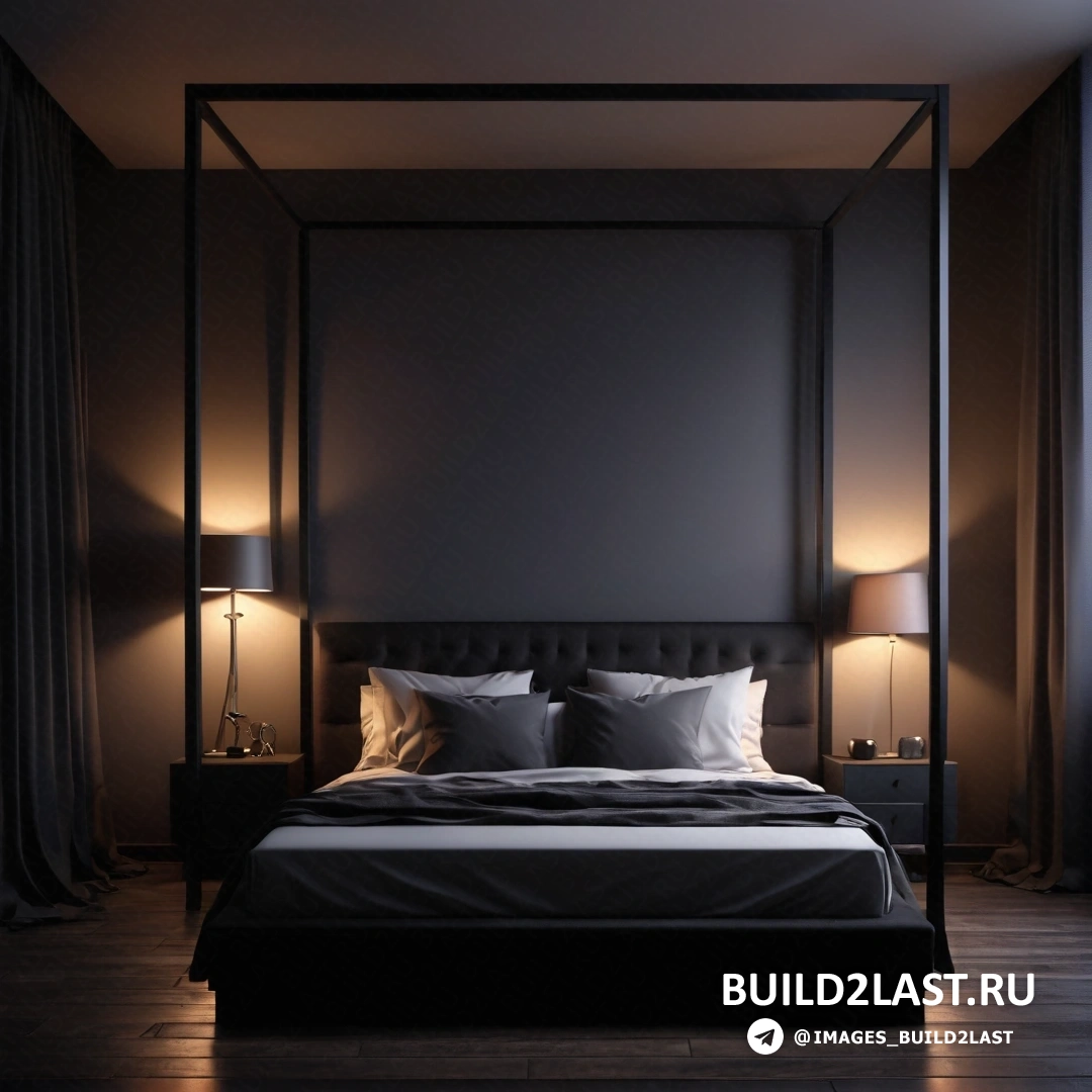 Минимализм - 3D-рендер. Кровать с балдахином и двумя лампами по обе стороны от нее