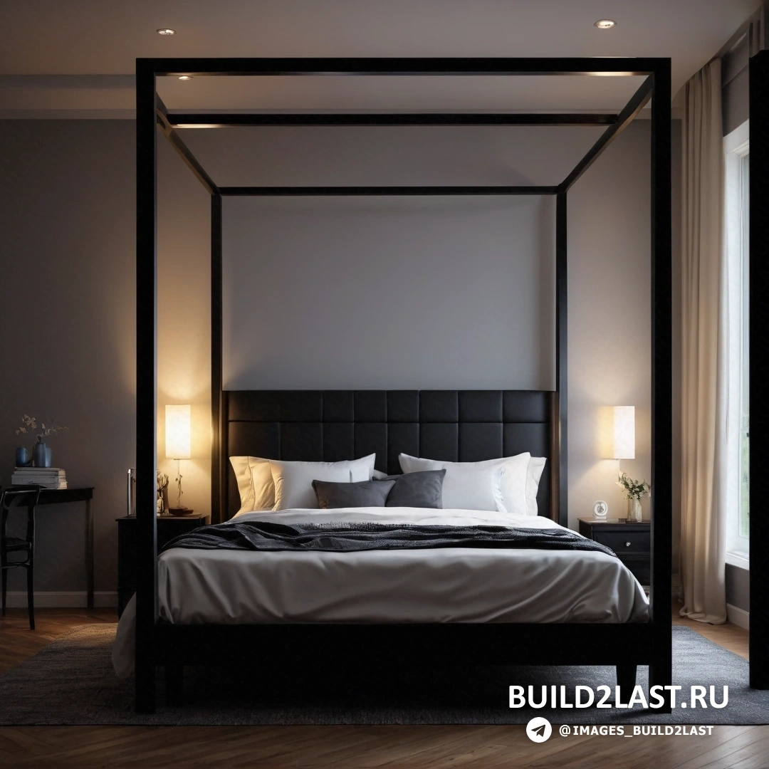 Минимализм - цифровая визуализация. Кровать с балдахином и подушками в комнате с деревянным полом и окном со шторами и лампой