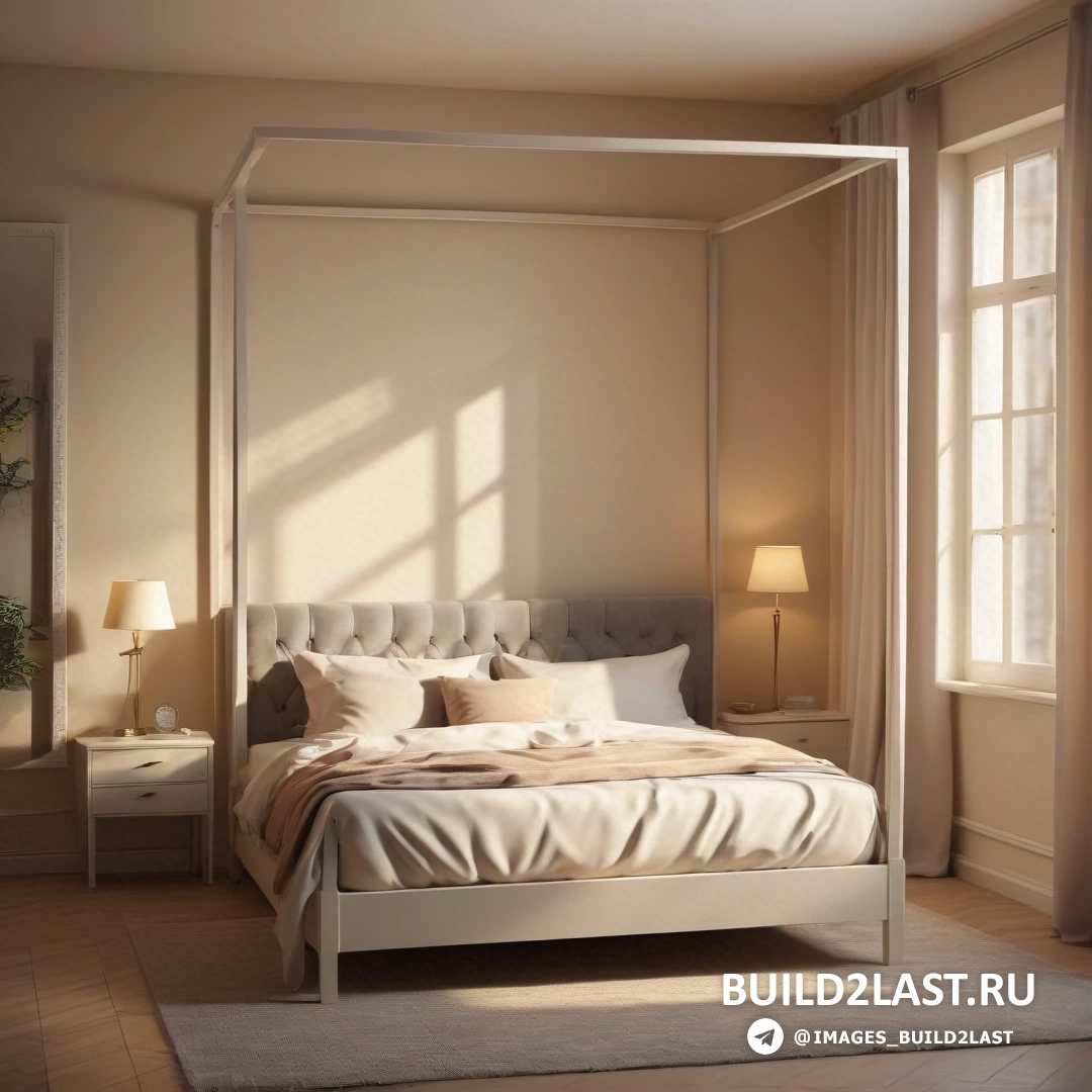 Фотореализм - цифровая визуализация. Кровать с балдахином и подушками в комнате с окном, ковром на полу и лампой сбоку