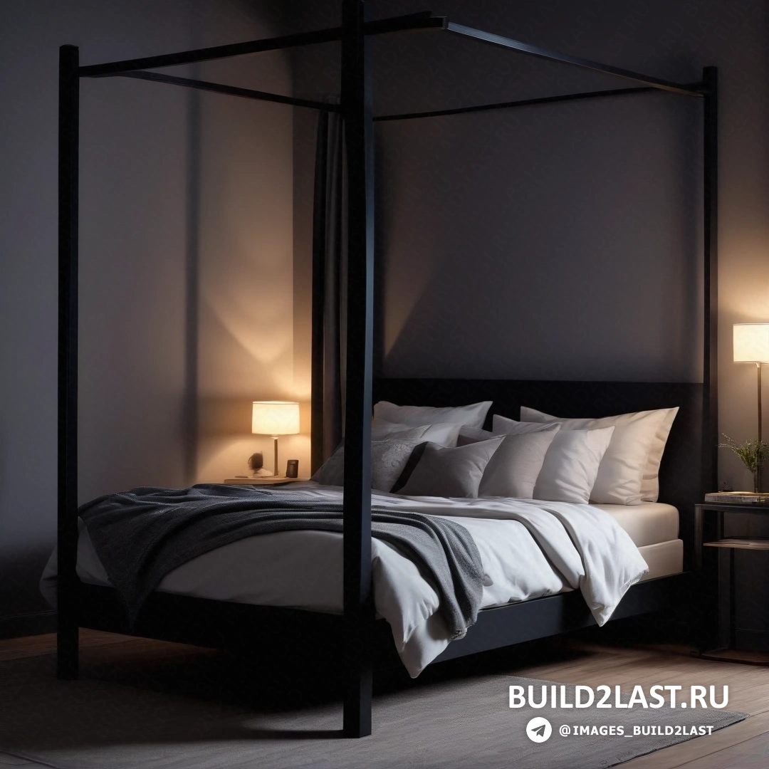 Свет и пространство - 3D визуализация. Кровать с балдахином и подушками в комнате с лампой сбоку кровати и ковром на полу