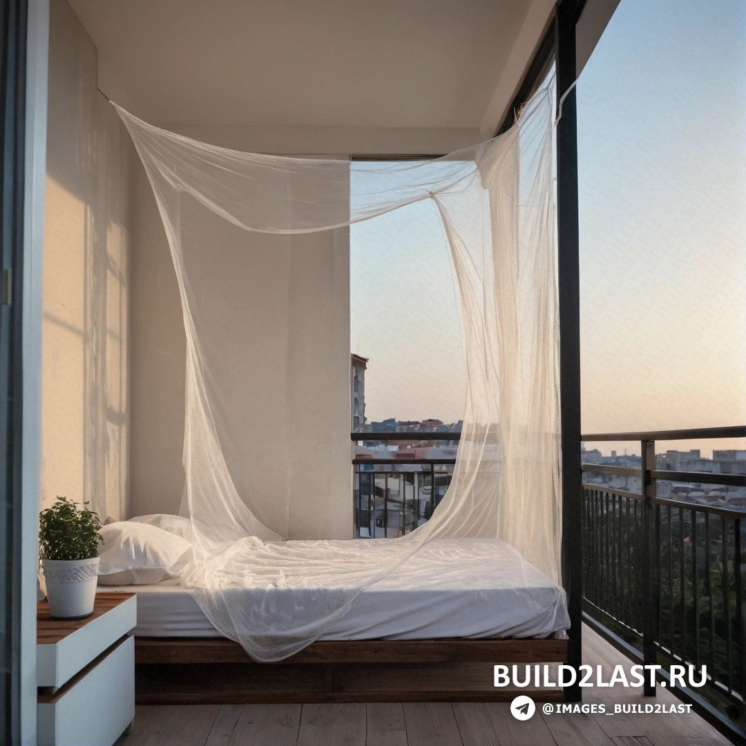 Минимализм - 3D-рендер. Кровать с белым балдахином над ней на балконе с видом на город под ней и растением в углу