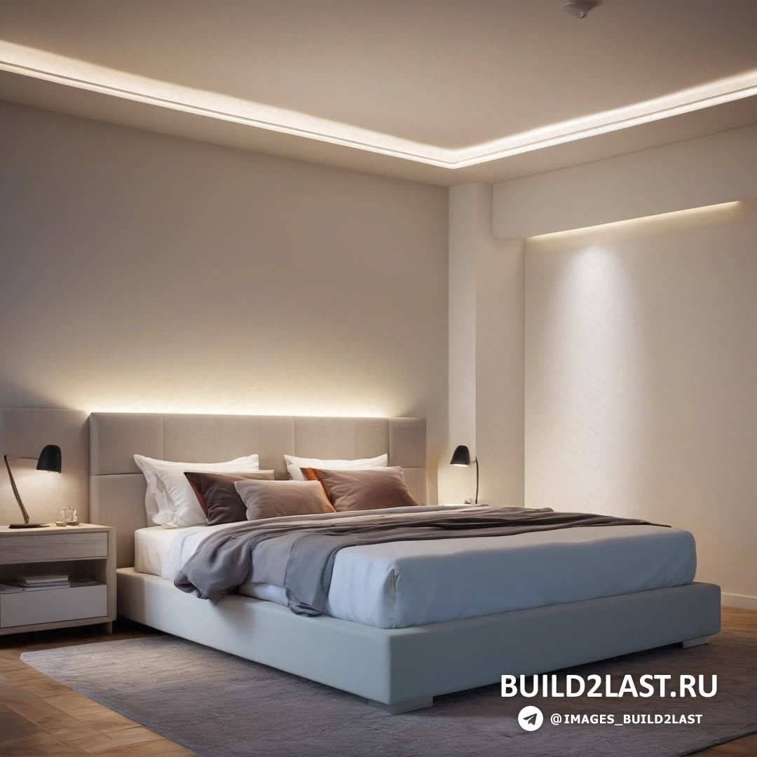 Свет и пространство - 3D визуализация. Кровать с белым изголовьем и светильником на стене над ней и тумбочкой с лампой сбоку