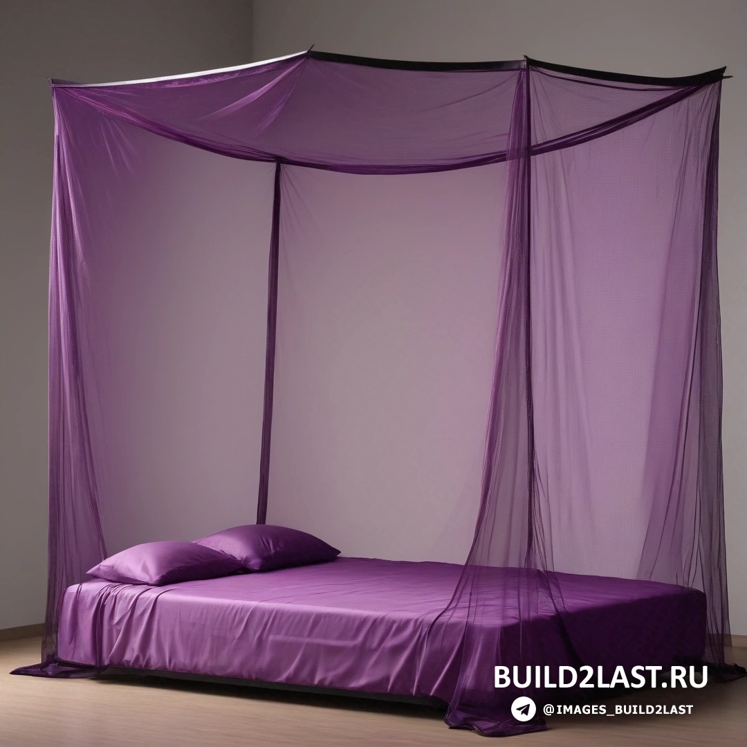 Сетевое искусство - фламандское барокко. Кровать с фиолетовым балдахином и подушками на боку, белая стена за ней и деревянный пол