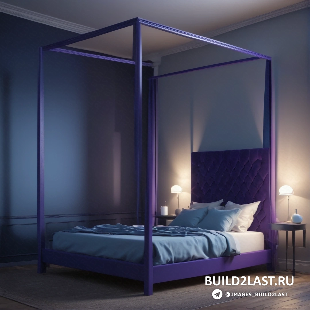Движение искусств и ремесел - 3D-рендеринг. Кровать с фиолетовым изголовьем и синим одеялом на нем в комнате с деревянным полом