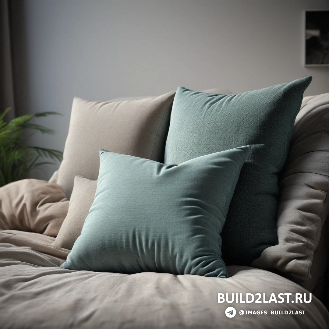 Фотореализм - 3D-рендер. Кровать с кучей подушек на ней и растение в углу комнаты за ней