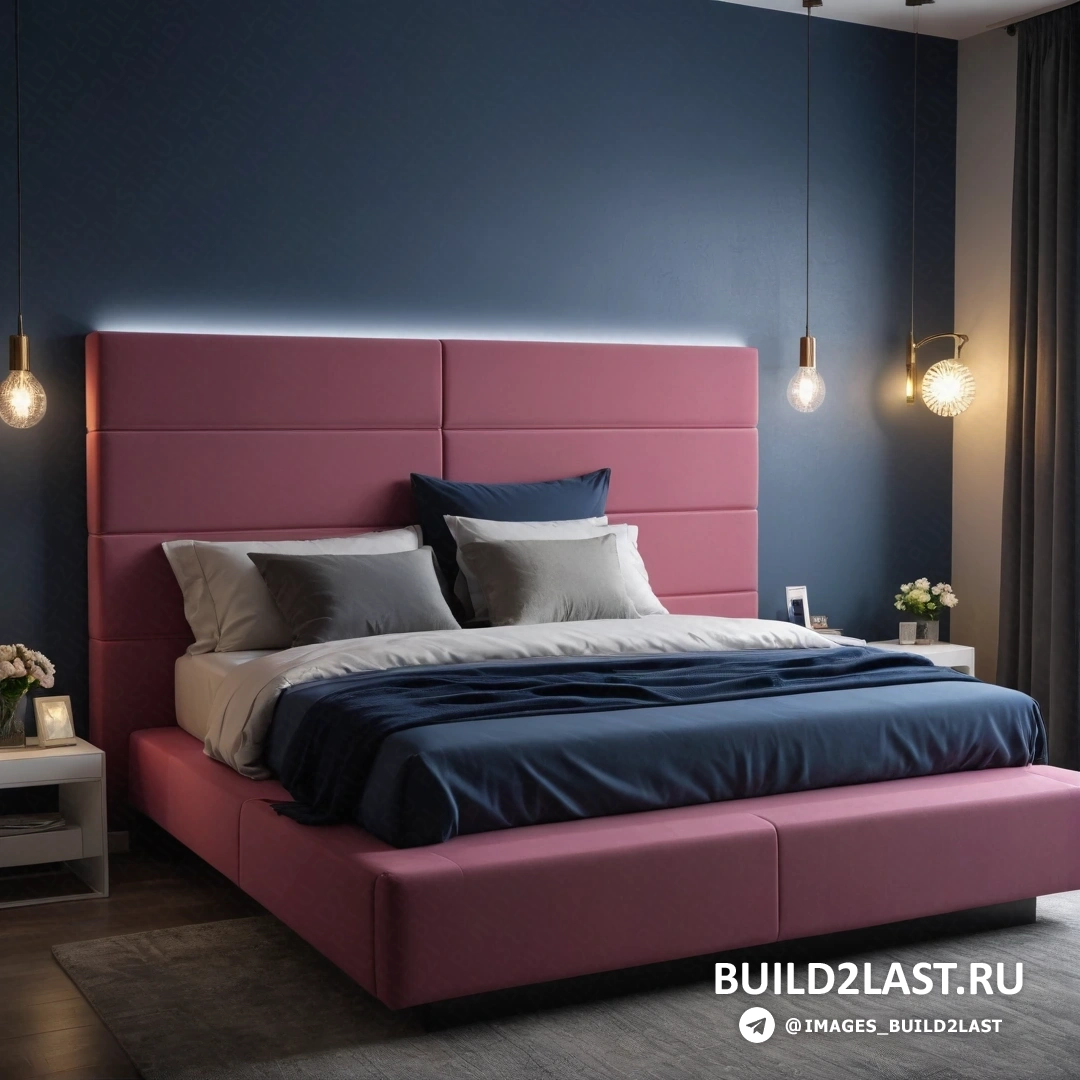 Минимализм - 3D-рендер. Кровать с синим и розовым изголовьем и белой тумбочкой с лампой на ней и окном